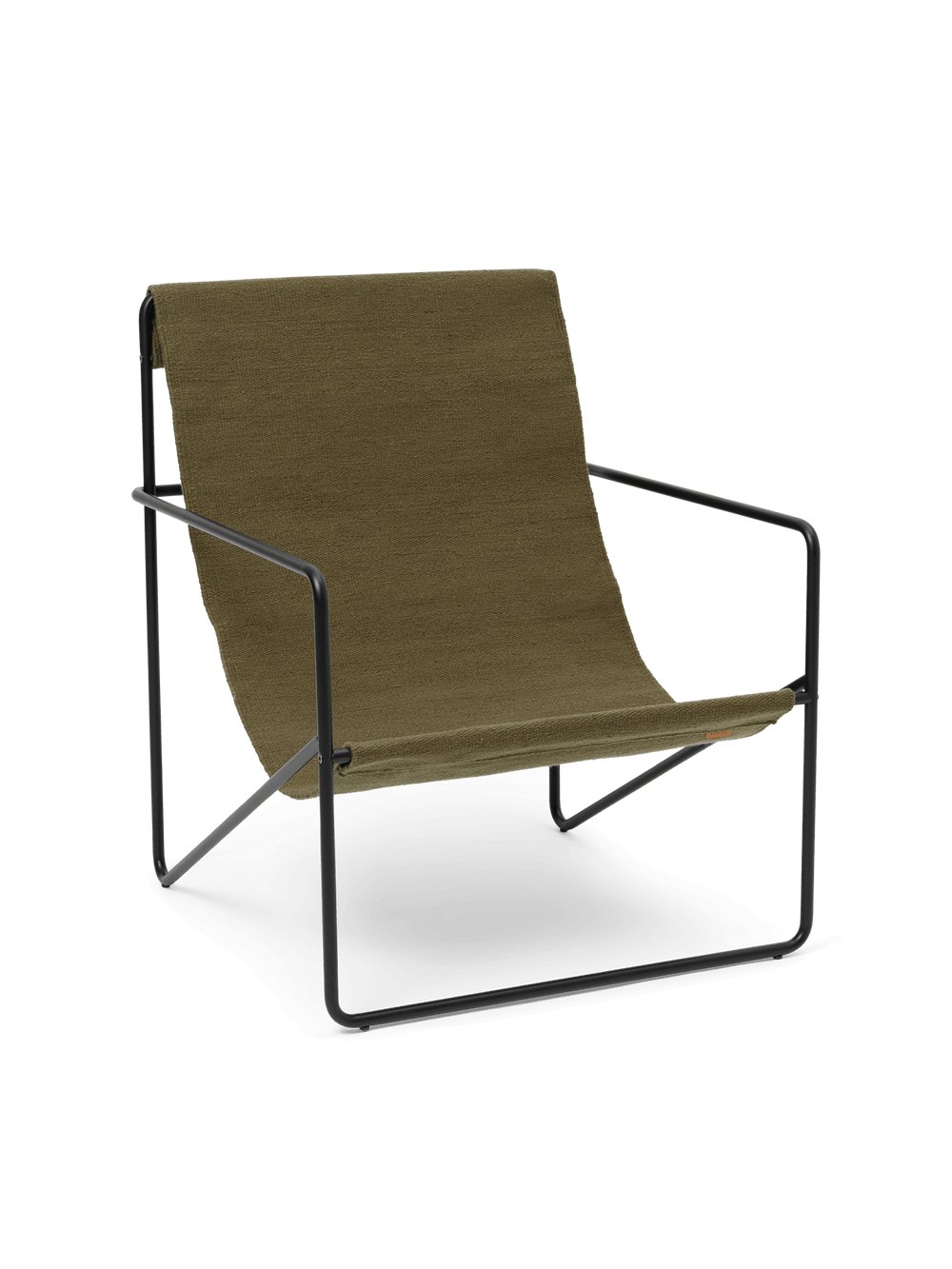 Desert Lounge Chair en noir avec assise tissée suspendue olive, vue de biais