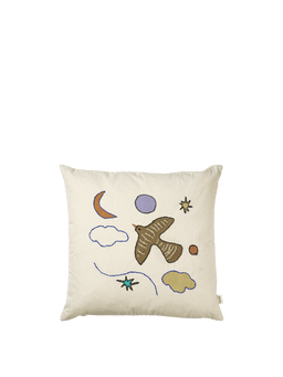 Naive Cushion blanc cassé avec oiseau, lune, étoiles et nuages brodés