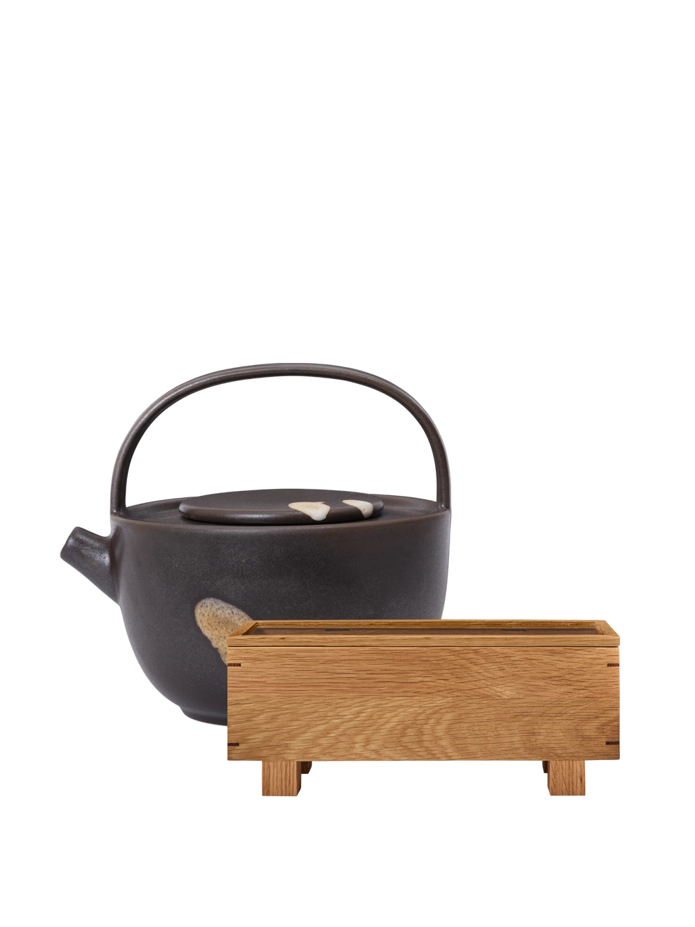 Koyo Teapot - Dark Brown/Buff & Bon Tea Organiser - Natural Oak - Gift Set