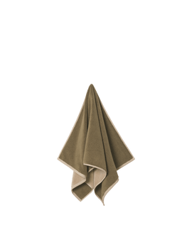 Ekko Hand Towel in olive with cashmere trim, hanging