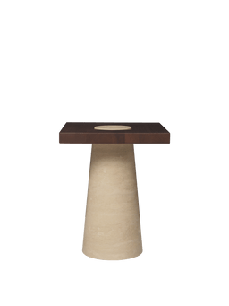 Grova Side Table in travertine with dark square top and tapered cone foot