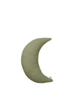 Moon Cushion in theegroen, halvemaanvorm met contrasterend biesje