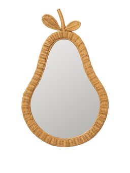 Pear Braided Mirror in natural, pear-shaped braided rattan frame with stem and leaves