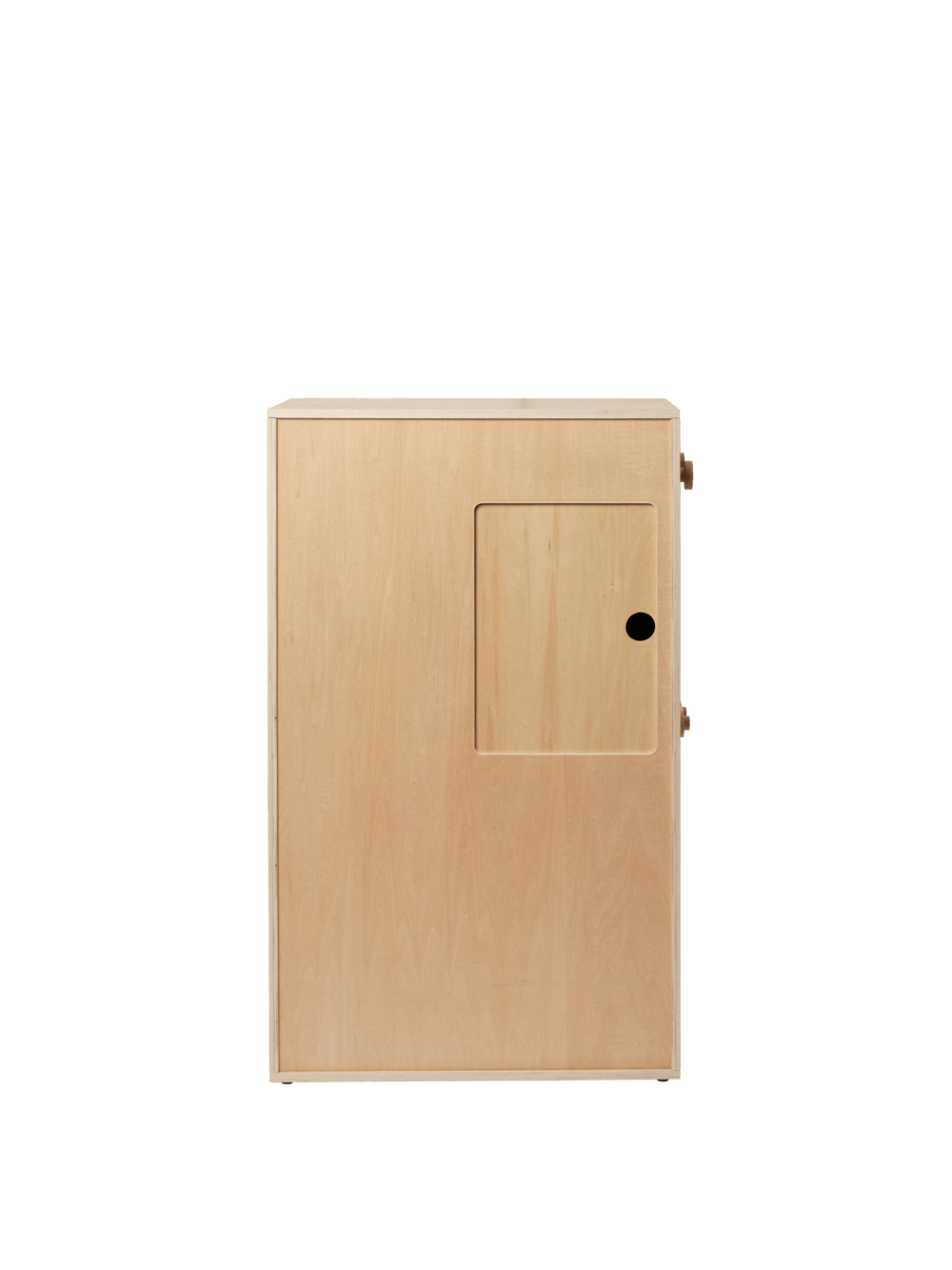 The play kitchen folded closed, with sliding window panel and knobs on the side