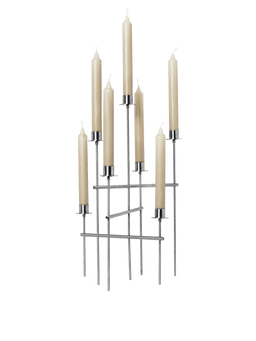 Elysia Candelabra in brushed stainless steel with seven candles at varying heights