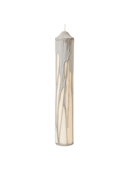 Dryp Pillar Candle en gris chaud, grande, avec des coulures de couleur sur une base blanc cassé