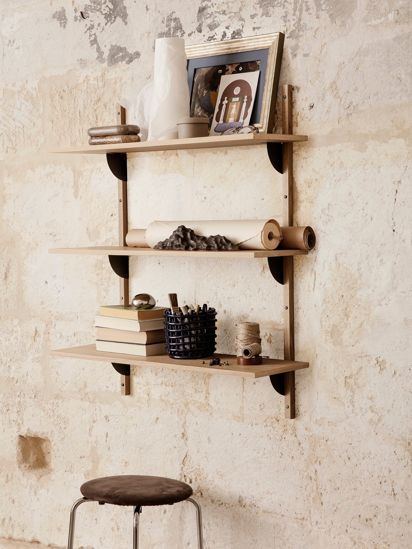 Sector Shelf - Triple - Wide - Oak with black brass fittings