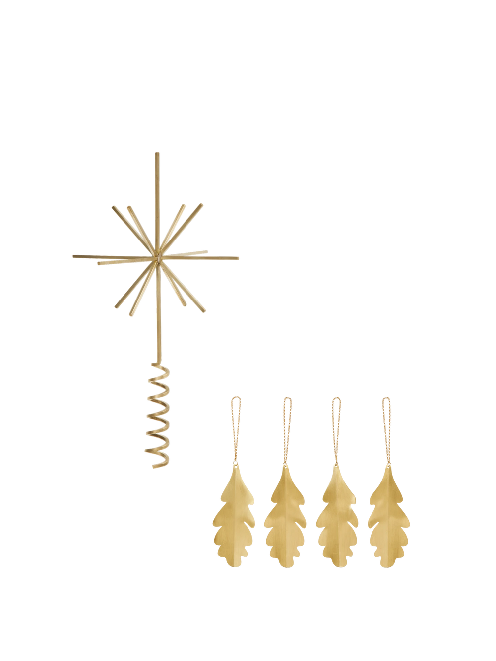 Christmas Tree Top Star & Oak Leaf Ornaments - Set of 4 - Gift Set - Brass