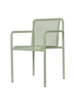 Dapple Chair with Arms en verde té con asiento y respaldo perforados, visto en ángulo