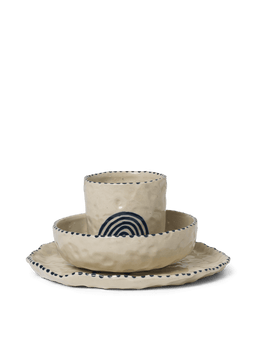 Naive Ceramic Set in deep blue, stacked cup, bowl and plate with painted dot rims