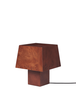 Burl Table Lamp en madera de raíz teñida en oscuro con pantalla cuadrada y base de bloque