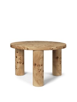 Post Coffee Table klein aus Pappelmaser-Furnier, runde Platte auf drei zylindrischen Beinen