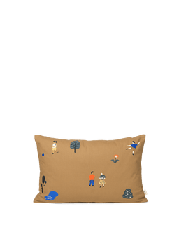 The Park Cushion Cover in Sugar Kelp with embroidered figures, tree, flower and pond Rectangular cushion cover