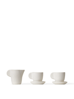 Miniature Tea Set en céramique blanc cassé, pichet et deux tasses avec soucoupes