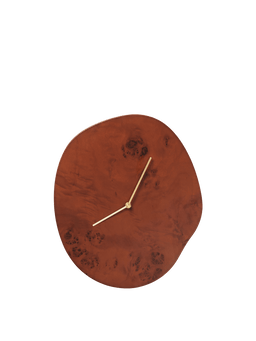 Melt Wall Clock in dark stained burl with irregular round face and slim hands