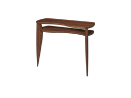 Feve Console Table en noyer avec deux tablettes incurvées et pieds fuselés, vue de biais