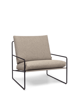 Desert 1-seater in black with Dolce dark sand cushions, angled view