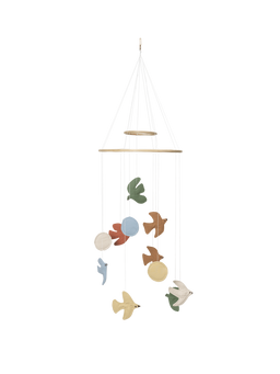 Swif Bird Mobile en multicolor, pájaros y círculos acolchados colgando de dos aros
