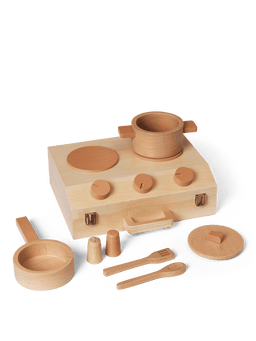 Toro Suitcase Kitchen in natural with pot, pan, lid, utensils and shakers
