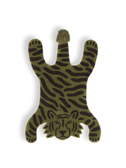 Safari Tufted Rug in Tigerform, grün mit dunklen Streifen und getufteltem Schwanz