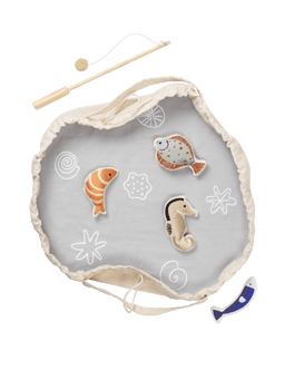 Fishing Game en multicolore avec canne à pêche, quatre animaux marins en peluche et tapis de jeu à cordon