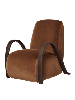 Buur Lounge Chair in devoré velvet rust with dark curved arms, seen at an angle