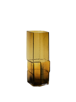 Muro Vase medium in recycled amber, tall faceted glass vase with textured brick surface
